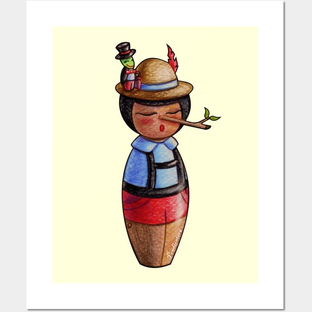 Kokeshi Pinocchio and the Cricket Wall Art by Pendientera